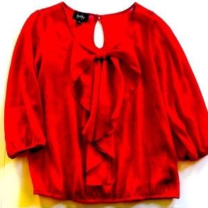 by & by sheer red metallic blouse with flowy Front Bow size Small, 3/4 sleeves